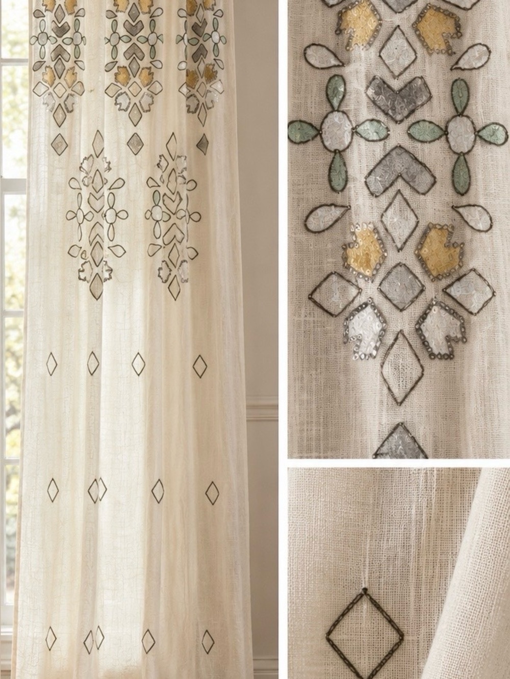 Anthropologie Sequined Curtain Cream 84 Inches - Single Panel